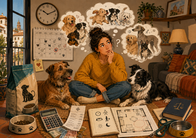 Persona pensando cuántos perros puede tener con calendario, facturas, comida y normas de tenencia responsable