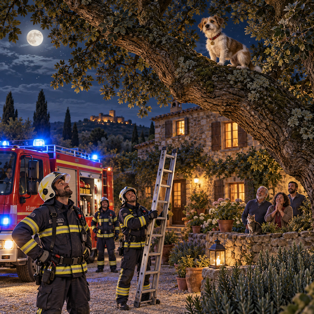 Perro pequeño subido a una encina mientras bomberos preparan su rescate de noche junto a una masía rural.