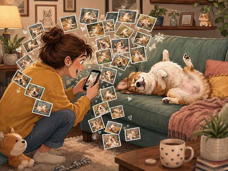 Dueña de perro haciendo fotos con el móvil a su perro dormido en el sofá, rodeada de muchas imágenes del perro.