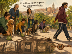 Ilustración de varios dueños responsables recogiendo los excrementos de sus perros mientras un propietario incívico se marcha sin recoger, cerrando puertas a todos los perros.
