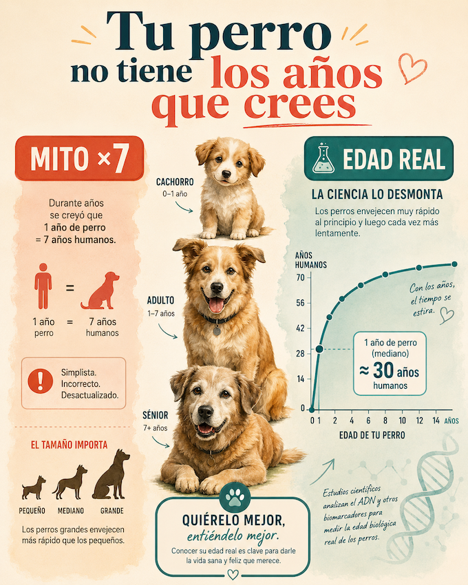 Infografía sobre la edad real de los perros que desmonta el mito de multiplicar por 7 y explica cómo el tamaño influye en el envejecimiento canino.