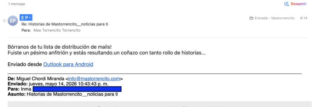 Email de una clienta pidiendo la baja del newsletter de Mas Torrencito tras cuatro años recibiéndolo cada martes
