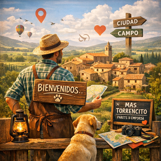Propietario de casa rural con perro actuando como embajador del turismo rural en Parets d’Empordà