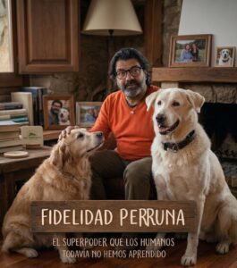 Miguel en el salón rústico de Mas Torrencito con sus perros Manuela y Mastitwo, ilustrando la fidelidad canina y el vínculo con los animales.