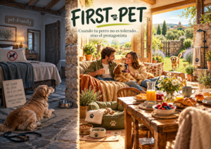 Ilustración comparativa entre una casa rural pet-friendly con restricciones y una casa rural First Pet donde los perros pueden disfrutar del sofá, el desayuno y las zonas comunes con sus dueños.