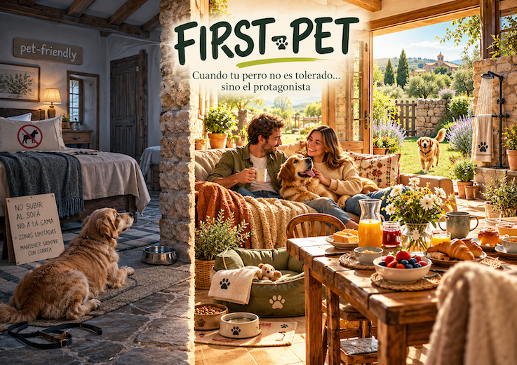 Ilustración comparativa entre una casa rural pet-friendly con restricciones y una casa rural First Pet donde los perros pueden disfrutar del sofá, el desayuno y las zonas comunes con sus dueños.