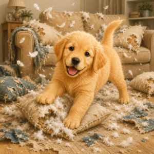 Golden retriever cachorro jugando en un salón destrozado con cojines rotos, plumas y relleno esparcidos por el suelo