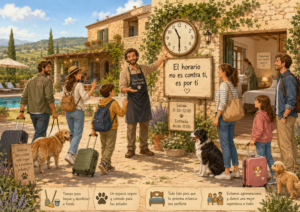 Ilustración del horario de salida y entrada en Mas Torrencito, casa rural pet friendly de Girona.