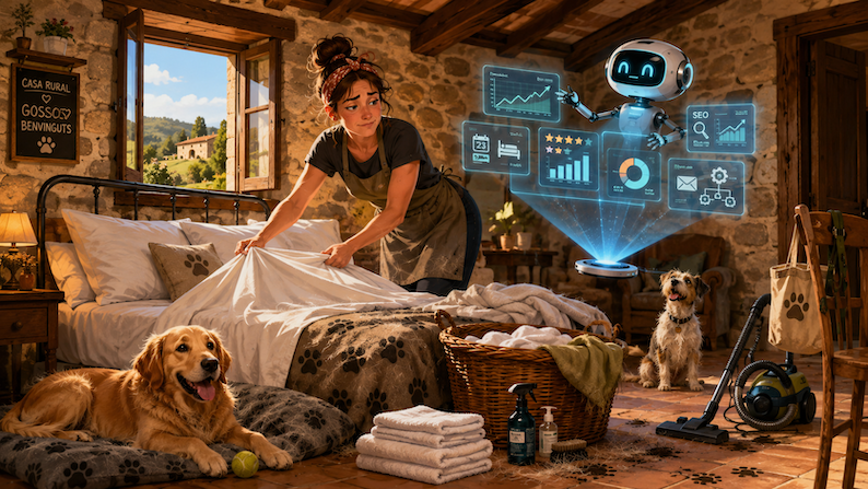 Ilustración de una habitación rural petfriendly donde una trabajadora hace la cama mientras una IA muestra gráficos, recordando que la tecnología no sustituye el trabajo real de limpieza en el turismo rural.