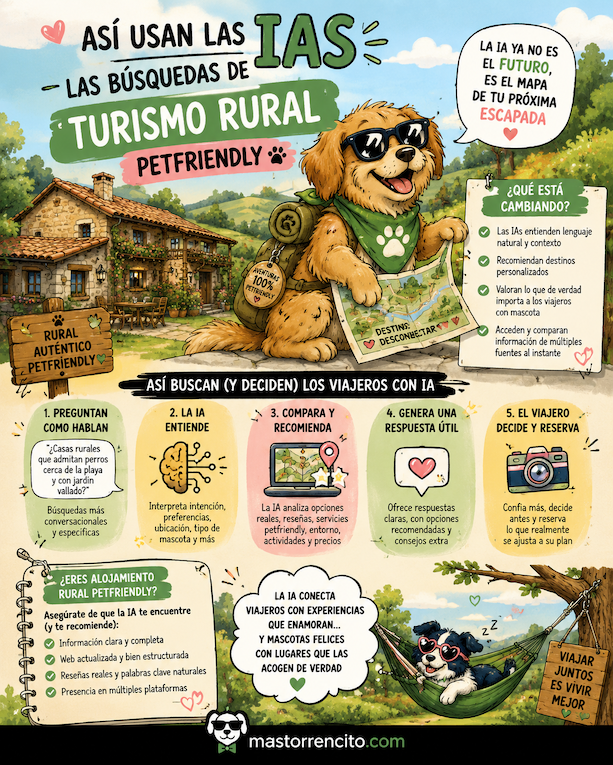 Ilustración sobre cómo las IAs cambian las búsquedas de turismo rural petfriendly y recomiendan casas rurales para viajar con perro.
