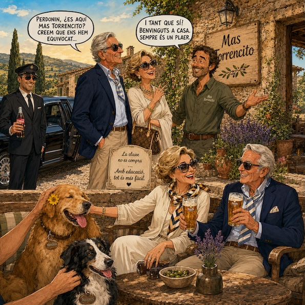 Pareja elegante bajando de una limusina y tomando una cerveza con perros en Mas Torrencito, casa rural petfriendly en el Empordà.