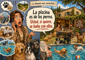 Ilustración de una llamada surrealista a Mas Torrencito, casa rural pet friendly en Girona, donde los perros pueden entrar al comedor y bañarse en la piscina.