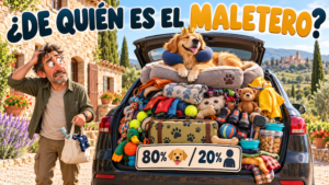 Ilustración divertida de un perro ocupando el 80 % del maletero con su equipaje mientras su dueño lleva una pequeña bolsa, Mas Torrencito Girona.