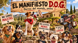 Manifestación de perros frente a una casa rural en Girona con pancartas reivindicando vacaciones pet-friendly y el Manifiesto D.O.G. de Mas Torrencito.