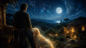 Manuela, la perra símbolo de MasTorrencito, aparece en una noche mágica junto a su humano en una terraza rural del Empordà, bajo un cielo de luna, estrellas y códigos de inteligencia artificial.