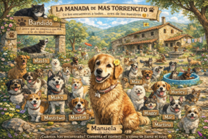 Ilustración de Manuela, golden retriever con flor amarilla, liderando la manada de perros en Mas Torrencito con nombres que empiezan por MA y un gato negro llamado Bandido
