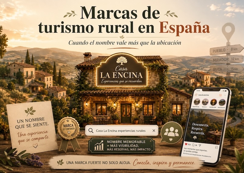 Marcas de turismo rural en España con una casa rural, redes sociales, buscador y premios como símbolos de reconocimiento digital.
