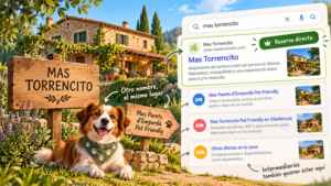 Ilustración de Mas Torrencito, casa rural pet friendly en Girona, mostrando su nombre alternativo en Booking y las ventajas de reservar directamente.