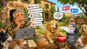 Ilustración humorística de Mas Torrencito con Manuela, una golden retriever con flor amarilla, bloqueando comentarios negativos de redes sociales mientras otros perros celebran en una casa rural petfriendly.