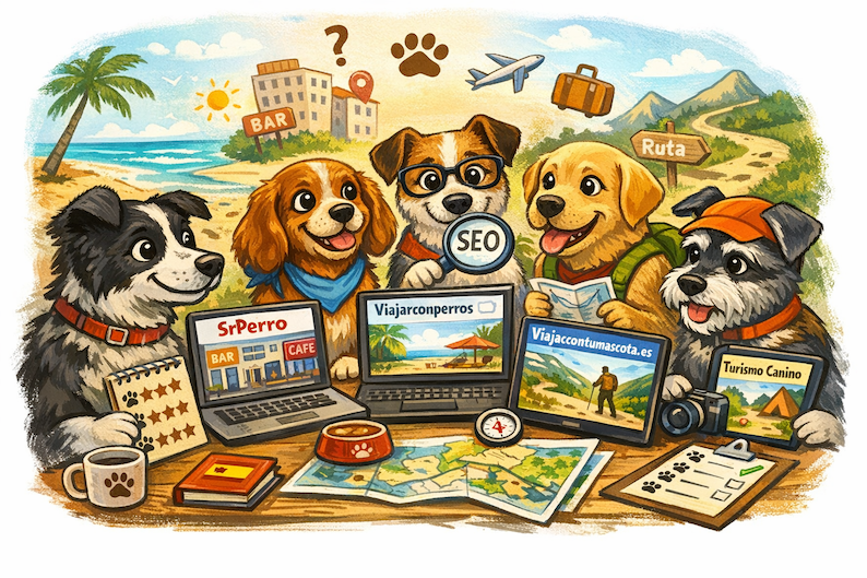 Ilustración de perros comparando las mejores webs para viajar con perro en España como SrPerro, Viajes4Patas y Turismo Canino
