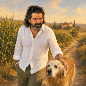 Ilustración de Miguel caminando despacio junto a Manuela, una golden retriever mayor, por un sendero entre campos de maíz cerca de Mas Torrencito, en el Empordà.