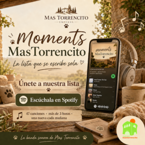 Imagen promocional de la playlist Moments Mas Torrencito en Spotify, la banda sonora diaria de una casa rural pet friendly en Girona, con canciones, perros y el logo de Mas Torrencito.