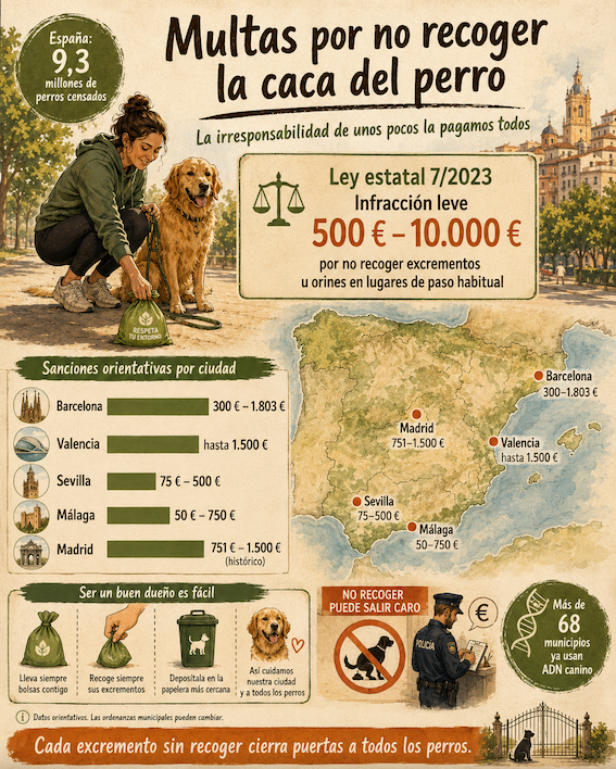 Infografía sobre las multas por no recoger la caca del perro en España, con mapa de sanciones por ciudades, Ley de Bienestar Animal y uso de ADN canino.