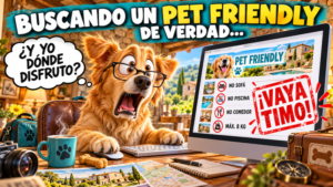 Perro golden retriever con gafas buscando alojamientos pet friendly en un ordenador y descubriendo las prohibiciones para mascotas antes de reservar.