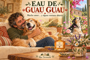 Ilustración de un hombre abrazando a un golden retriever mayor junto a una ventana abierta y un frasco de perfume Eau de Guau Guau.