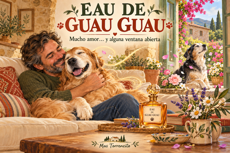 Ilustración de un hombre abrazando a un golden retriever mayor junto a una ventana abierta y un frasco de perfume Eau de Guau Guau.