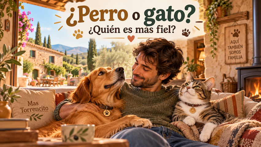 Perro y gato descansando junto a su humano en Mas Torrencito. Ilustración sobre quién es más fiel, las diferencias de apego y el cariño hacia sus dueños.