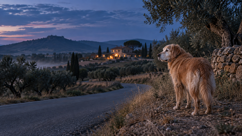 Golden retriever mayor y desorientado junto a una carretera rural al anochecer, mirando una masía iluminada en el Empordà.