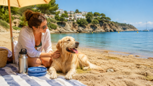 Perro descansando a la sombra en una playa de la Costa Brava con agua fresca y su dueña