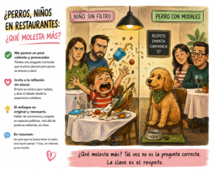 Ilustración divertida sobre perros y niños en restaurantes y la importancia del respeto y la convivencia