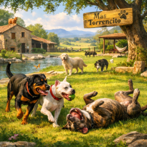 perros PPP jugando libres en casa rural pet friendly Mas Torrencito Girona