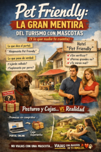 Imagen que muestra la diferencia entre lo que prometen los alojamientos pet friendly y la realidad al viajar con perro, con una pareja frustrada y un perro en una casa rural