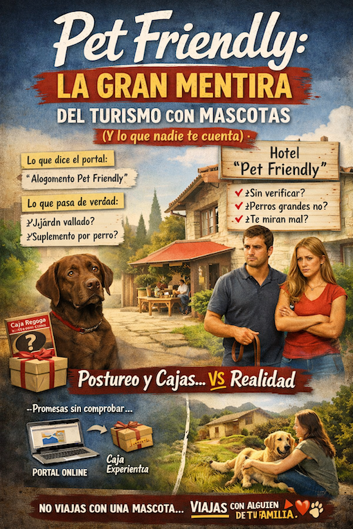 Imagen que muestra la diferencia entre lo que prometen los alojamientos pet friendly y la realidad al viajar con perro, con una pareja frustrada y un perro en una casa rural