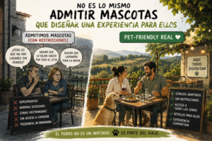 Pareja comiendo con su perro en la terraza de un hotel rural pet-friendly mientras otros clientes los miran con desaprobación.