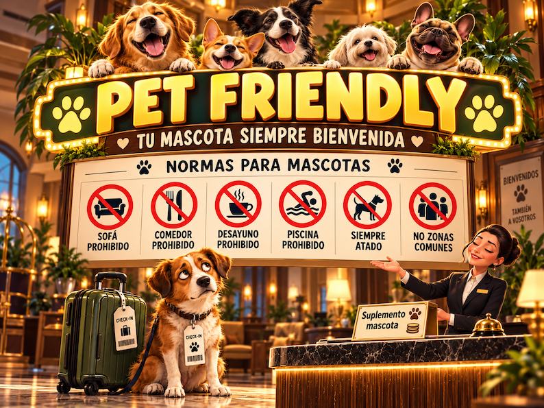 Ilustración de un alojamiento Pet Friendly con perros sonrientes en su publicidad y un cartel que prohíbe el acceso al sofá, comedor, desayuno, piscina y zonas comunes.