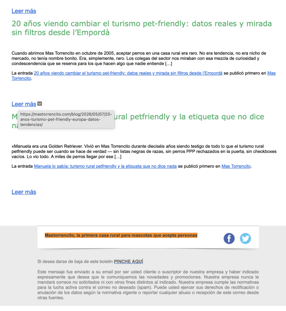 Pie del newsletter semanal de Mas Torrencito con el enlace de baja visible en negrita: "Si desea darse de baja de este boletín PINCHE AQUÍ"