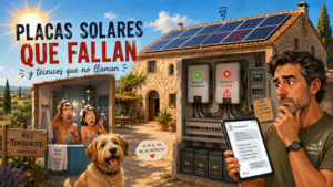 Ilustración de una avería en las placas solares de Mas Torrencito, con un inversor en alarma, baterías, clientes sin luz y ayuda de la inteligencia artificial.