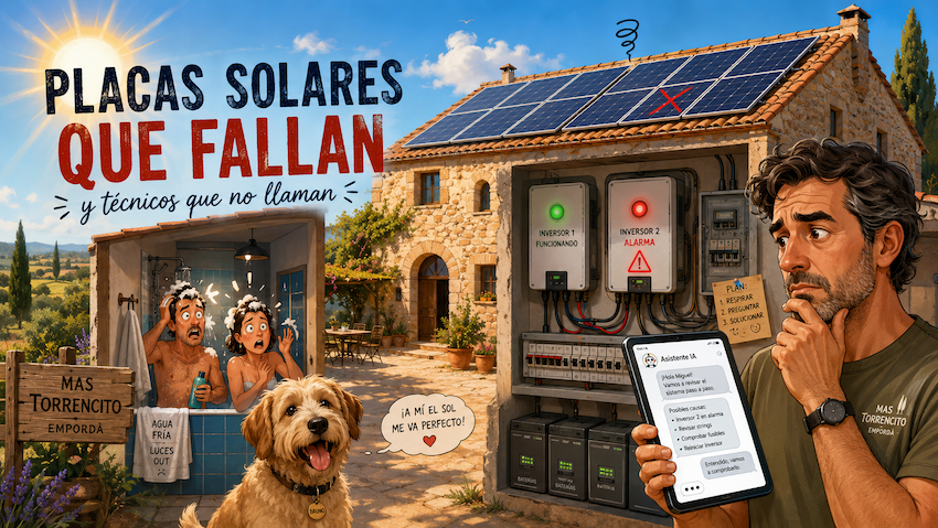 Ilustración de una avería en las placas solares de Mas Torrencito, con un inversor en alarma, baterías, clientes sin luz y ayuda de la inteligencia artificial.