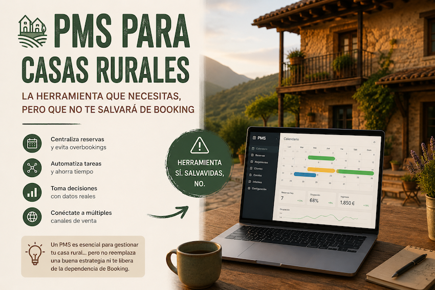 Ilustración sobre un PMS para casas rurales con portátil de gestión de reservas frente a una casa rural, explicando que ayuda a organizar reservas pero no sustituye una estrategia directa frente a Booking.