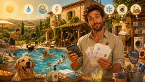 Ilustración de una casa rural petfriendly en verano con piscina para perros, propietario con facturas y calculadora, mostrando los costes de agua, luz, limpieza y lavandería.