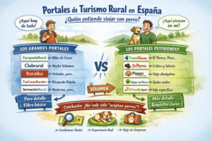 Comparativa entre portales de turismo rural en España y plataformas petfriendly para viajar con perro, mostrando diferencias en especialización, volumen y experiencia con mascotas