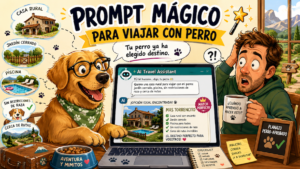 Ilustración divertida de un perro usando inteligencia artificial para elegir una casa rural petfriendly, con Mas Torrencito como destino ideal para viajar con perro.