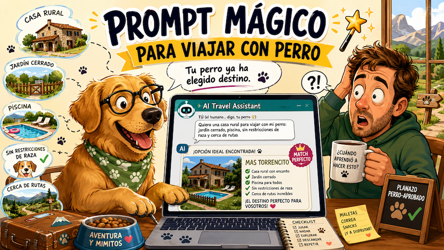 Ilustración divertida de un perro usando inteligencia artificial para elegir una casa rural petfriendly, con Mas Torrencito como destino ideal para viajar con perro.