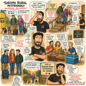 comic sobre la realidad del turismo rural petfriendly con situaciones reales en una casa rural con perros