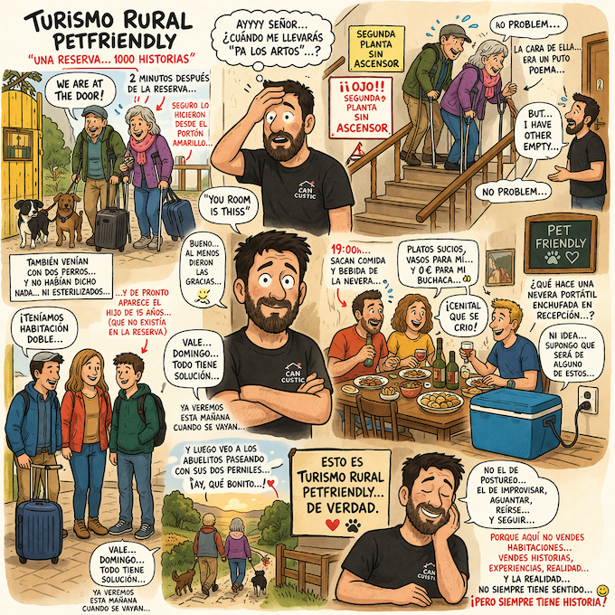 comic sobre la realidad del turismo rural petfriendly con situaciones reales en una casa rural con perros