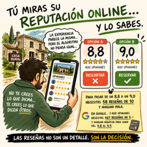 Ilustración sobre la importancia de la reputación online en turismo rural mostrando comparación entre valoraciones 8,8 y 9,0 y cómo influyen las opiniones en la decisión de reserva